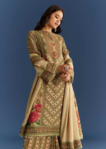 Beige Crush Tissue Floral Printed Kurta With Printed Palazzo