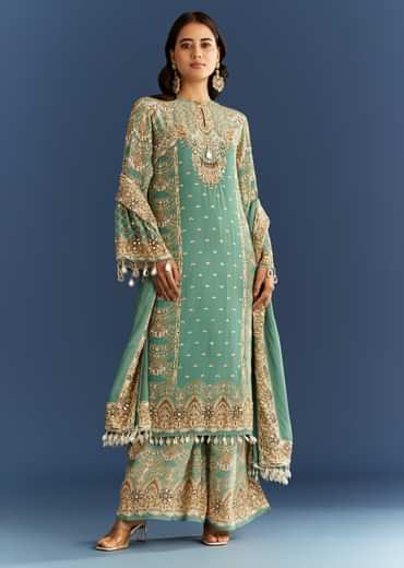 Light Aqua Green Crepe Printed Kurta Palazzo With Dupatta