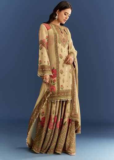Beige Crush Tissue Floral Printed Kurta Palazzo With Dupatta