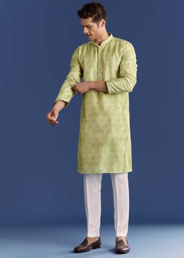 Pista Green Silk Kurta Set With Printed Symmetry