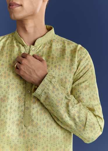 Pista Green Silk Kurta Set With Printed Symmetry