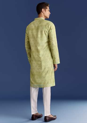 Pista Green Silk Kurta Set With Printed Symmetry