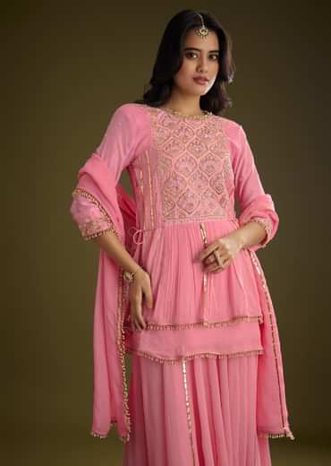 Pink Georgette Gotta Lace Kurta Set With Cut Dana and Sequins Detailing