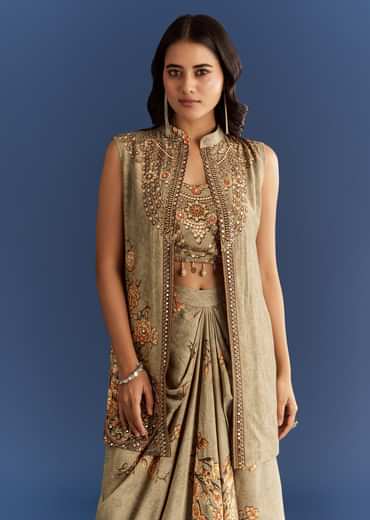 Beige Muslin Croptop Set With Floral Printed Skirt Jacket