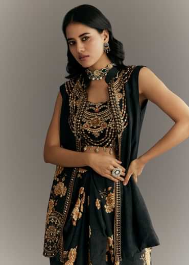 Black Muslin Croptop Set With Floral Printed Skirt Jacket