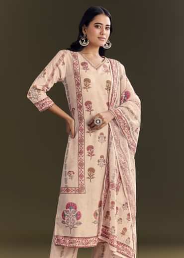 Beige Cotton Block Print Kurta Set With Printed Dupatta