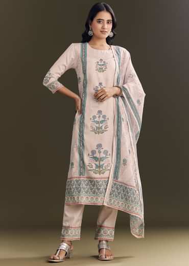 Cream Cotton Block Print Kurta Pant With Dupatta
