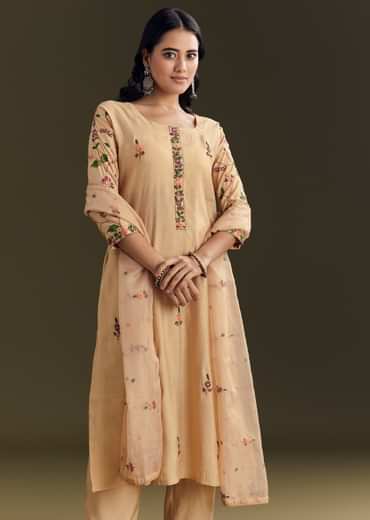 Beige Modal Threadwork Kurta Pant Set With Hand Painting
