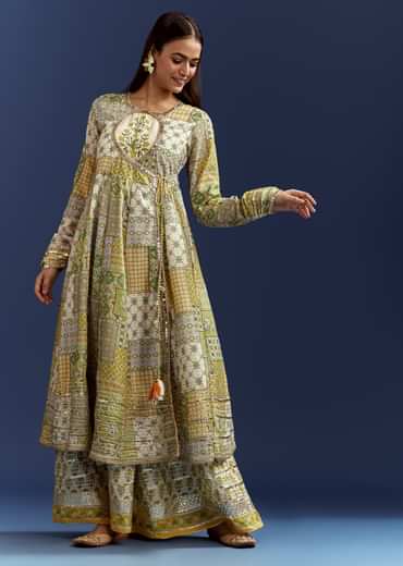 Green Floral Sleeveless Kurti With Gotta Lace And Angrakha Jacket