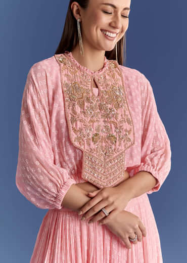 Pink Floral Georgette Lehenga Set With Zardosi Croptop