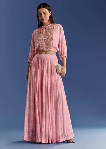 Pink Floral Georgette Lehenga Set With Zardosi Croptop