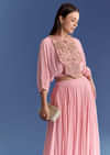 Pink Floral Georgette Lehenga Set With Zardosi Croptop