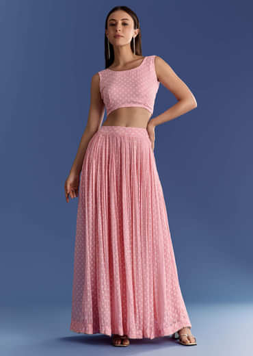 Pink Floral Georgette Lehenga Set With Zardosi Croptop