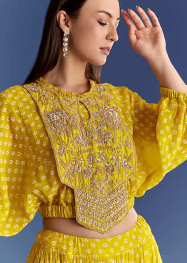 Yellow Floral Georgette Lehenga Set With Zardosi Croptop