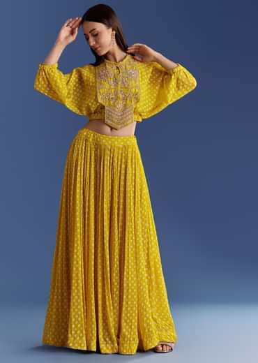 Yellow Floral Georgette Lehenga Set With Zardosi Croptop