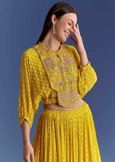 Yellow Floral Georgette Lehenga Set With Zardosi Croptop