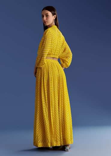 Yellow Floral Georgette Lehenga Set With Zardosi Croptop