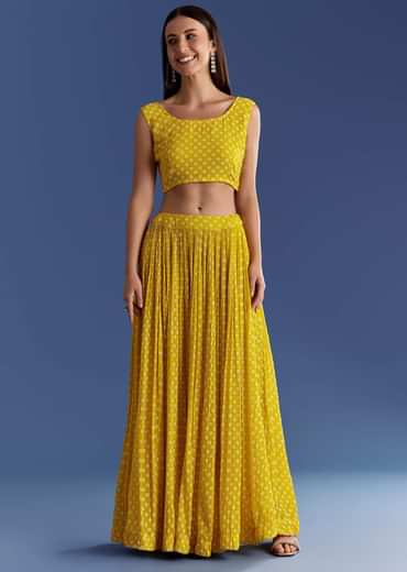 Yellow Floral Georgette Lehenga Set With Zardosi Croptop