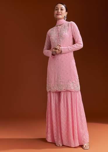 Light Pink Chinon Sharara Set With Cutdana And Sequins