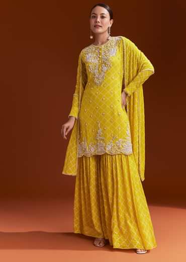 Yellow Chinon Sharara Set With Cutdana And Sequins