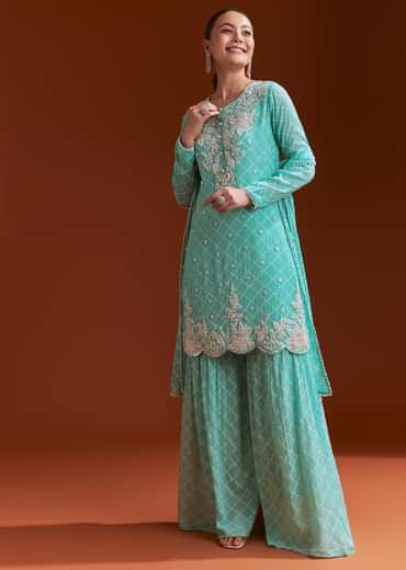 Aqua Blue Chinon Sharara Set With Cutdana And Sequins