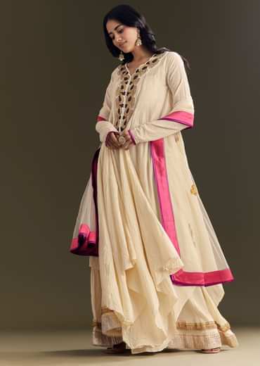 Off White Cora Cotton Asymmetrical Kurta Palazzo With Net Dupatta