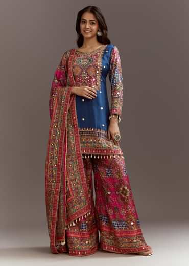 Blue Printed Kurta Palazzo Set With Gotta Lace And Sequins Work