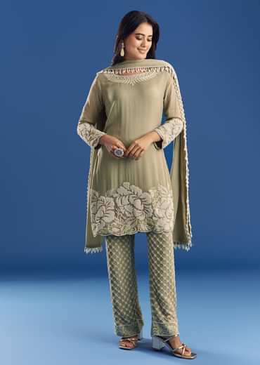 Green Beaded Kurta Pant Set With Dupatta In Georgette