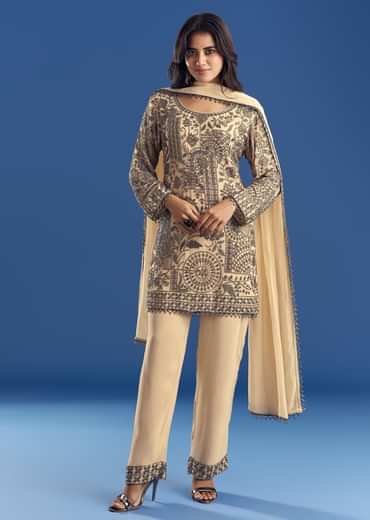 Cream Beaded Kurta Dupatta Set With Georgette Pant