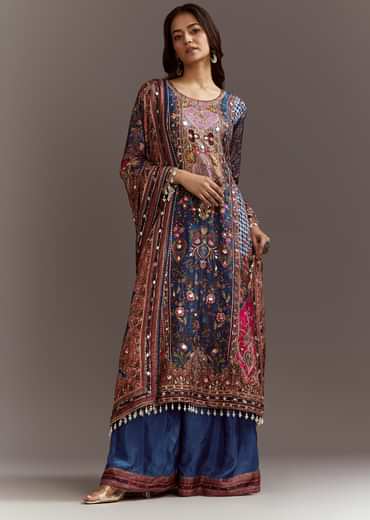 Blue Printed Gotta Lace Sequin Kurta Set With Floral Print Dupatta