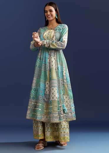 Blue Floral Angrakha Jacket With Gotta Lace Kurta