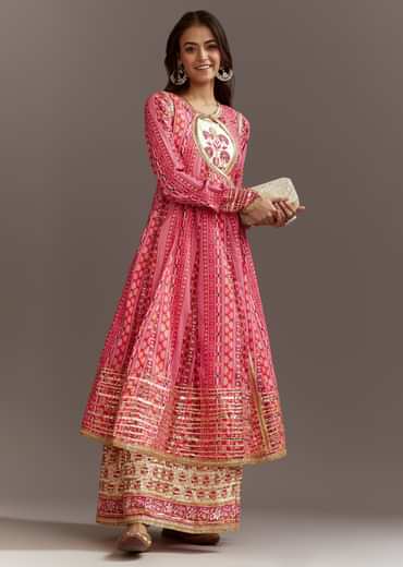 Pink Floral Printed Cotton Angrakha Style Jacket Kurta Set