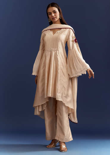 Light Beige High Low Kurta With Cut Dana Beads And Applique Work In Fuji Silk