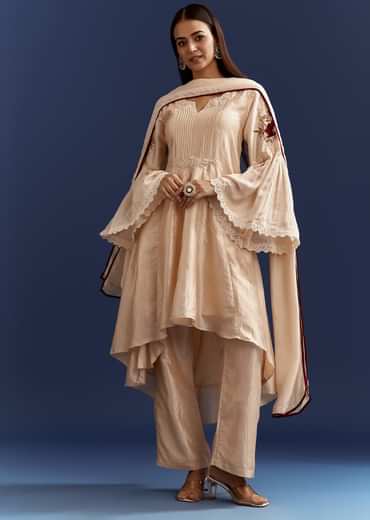 Light Beige High Low Kurta With Cut Dana Beads And Applique Work In Fuji Silk