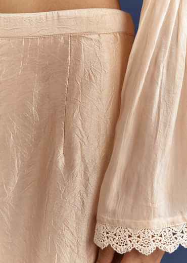 Light Beige High Low Kurta With Cut Dana Beads And Applique Work In Fuji Silk