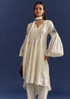 White High Low Kurta With Cut Dana Beads And Applique Work In Fuji Silk