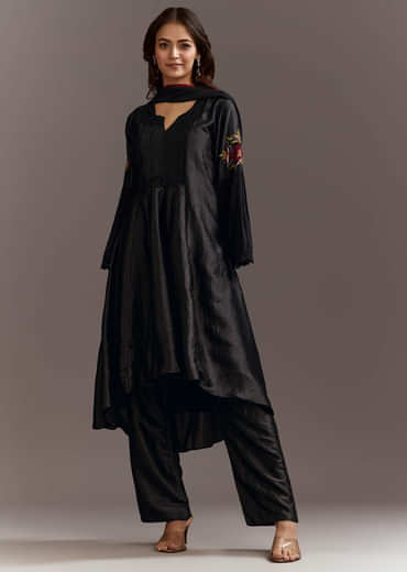 Black High Low Kurta Dupatta Set With Applique Work