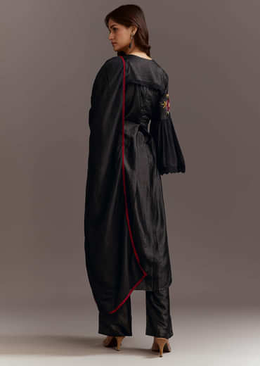 Black High Low Kurta Dupatta Set With Applique Work