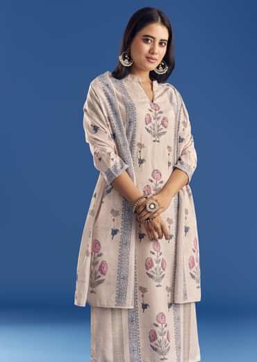 Light Beige Block Print Cotton Kurta Set With Mirror Work