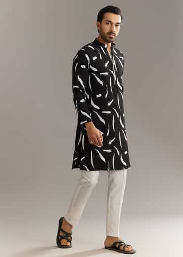 Black Silk Kurta Set With Abstract Prints