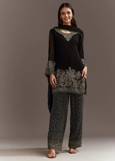Black Beads Work Kurta Dupatta Set With Fully Beaded Pant