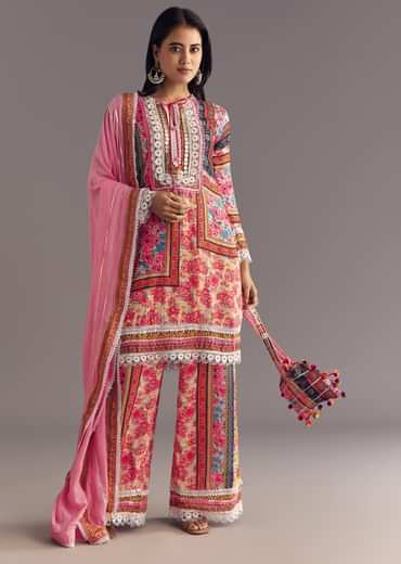 Pink Tabby Silk Floral Print Kurta Palazzo Set With Potli Bag