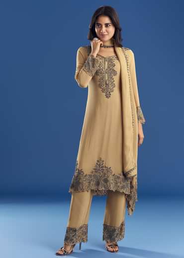 Beige Asymmetrical Georgette Beaded Kurta Pant Set With Dupatta