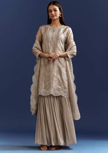 Grey Cutdana And Sequins Kurta With Stone Work Dupatta In Tissue