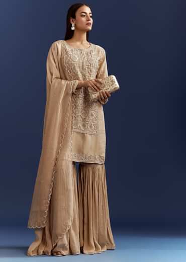 Beige Sequins And Cutdana Kurta With Sharara And Organza Dupatta