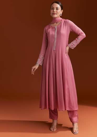 Pink Chinon Anarkali Suit With Moti And Stone Work