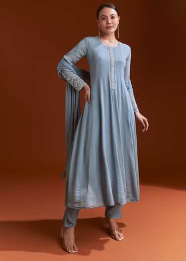 Misty Blue Chinon Anarkali Suit With Moti And Stone Work