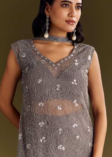 Grey Crepe Kurta Sharara With Net Choker Dupatta