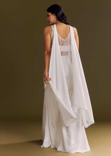 White Crepe Kurta Set With Net Choker Style Dupatta