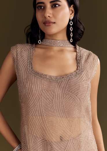 Brown Crepe Kurta Sharara With Choker Style Net Dupatta